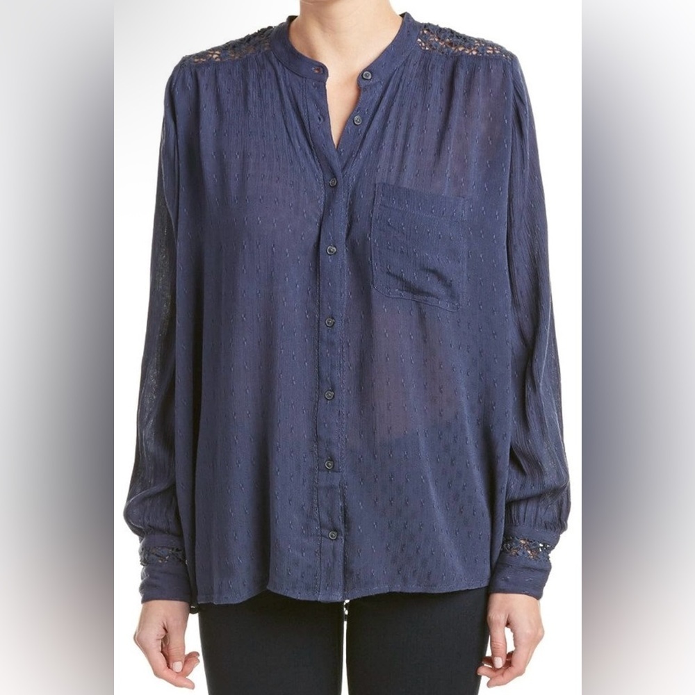 Free People The Best Navy Button Down Blouse with Crochet Lace Detail - Size XS